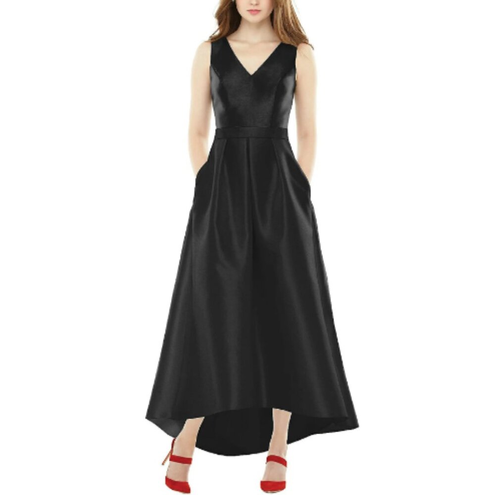 Alfred Sung Sleeveless Pleated Skirt High Low Dress with Pockets Black 4R